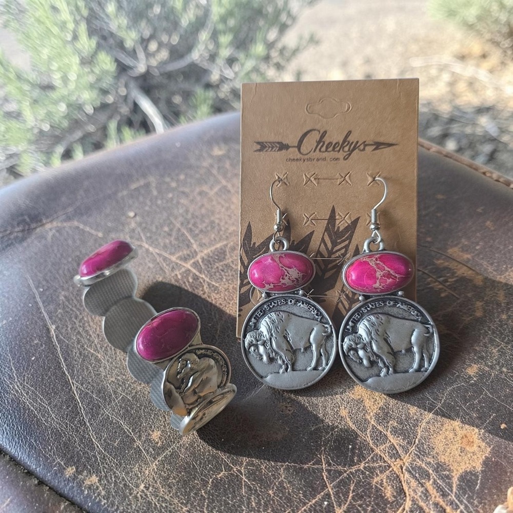 NWT The Shawney Buffalo Nickle Earrings & Bangle - HOT PINK turquoise